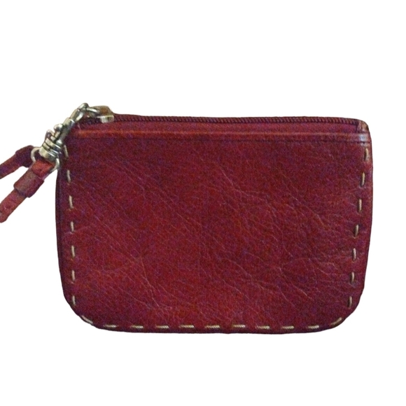Fossil Wristlet Genuine Leather Coin Holder Style Deep Wine Red Zipper Top - Picture 6 of 8